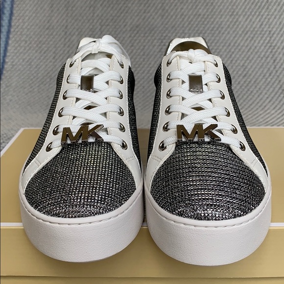 MICHAEL KORS POPPY LACE UP GLITTER CHAIN MESH SILV - Picture 7 of 16